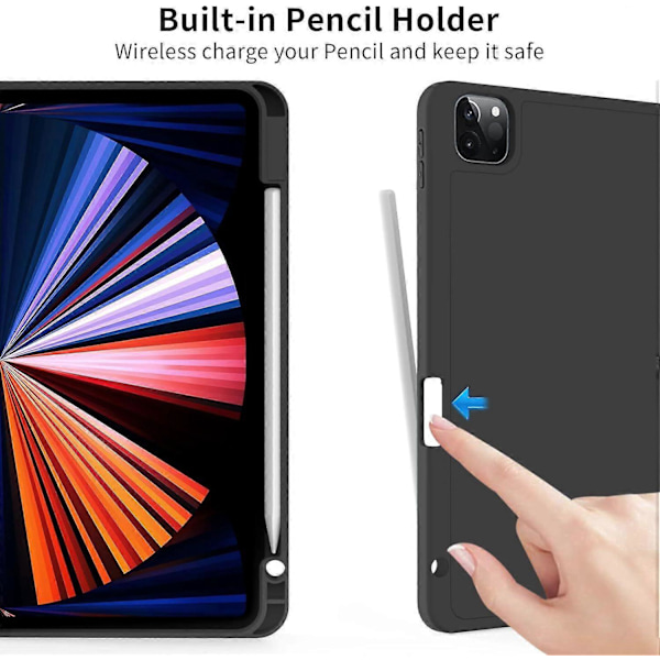 Svart, Skyddande Fodral för iPad Pro 11-tum (18/20/21/22), med Pennhållare, Ultratunt Tredelat Smart Cover, Stöder Pennladdning, Automatisk Sleep/Wake