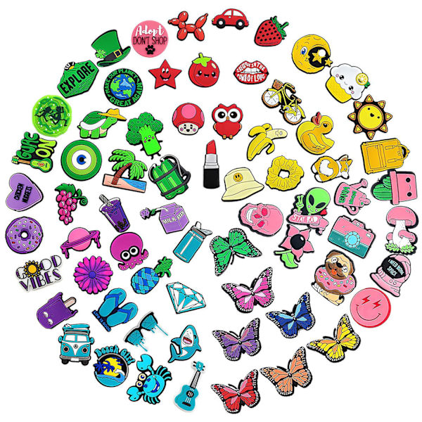 Fresh Cartoon VSCO Series Crocs Shoes Flower Sko Spänne - Set med 70 (gul, grön, rosa)