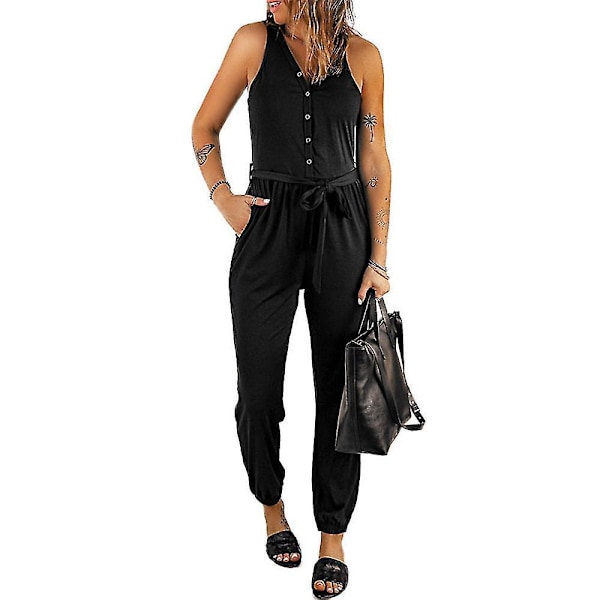 Elegant sort, ærmeløs V-hals jumpsuit til kvinder