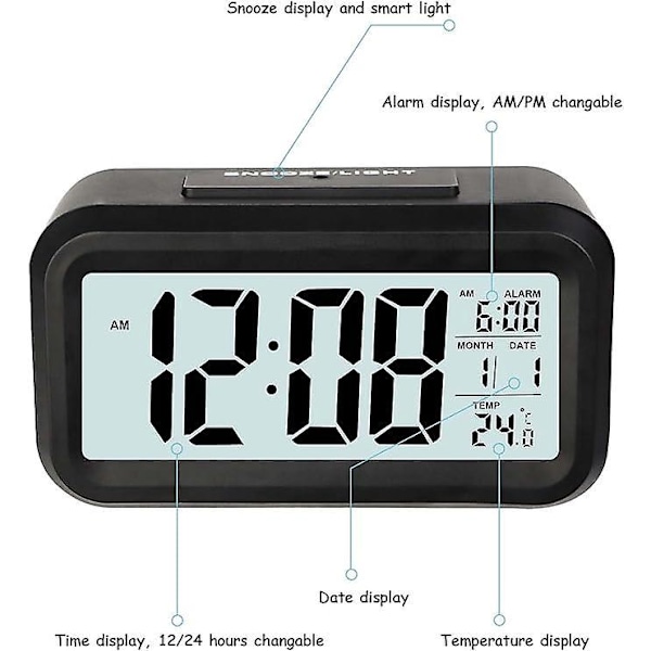 LCD Digital Väckarklocka, Reseväckarklocka med Datum och Temperatur Snooze-funktion, Tick-fri Digital Klocka för Sovrum, Hemmakontor