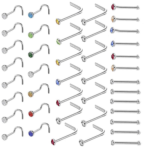 60 stk. 20G Næsepiercinger Næsering Hoop Rustfrit Stål Næsepiercinger til Mænd Kvinder, 6 typer og 10 stk. af hver type