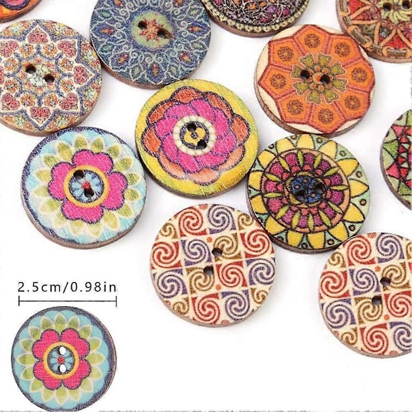 100 25 mm mønstrede træknapper til håndarbejde, 1-tommers træknapper, forskellige retro runde træblomsterknapper, dekorative knapper med 2 huller,