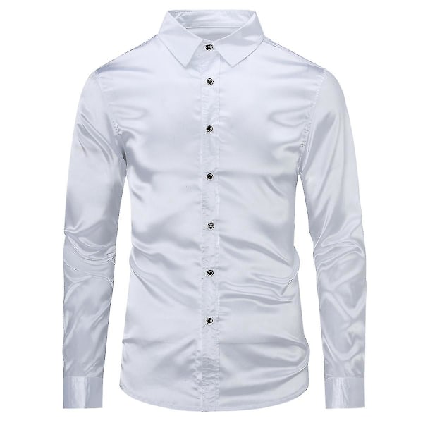 Shiny White Slim Fit Men's Casual Long Sleeve Formal Shirt XS