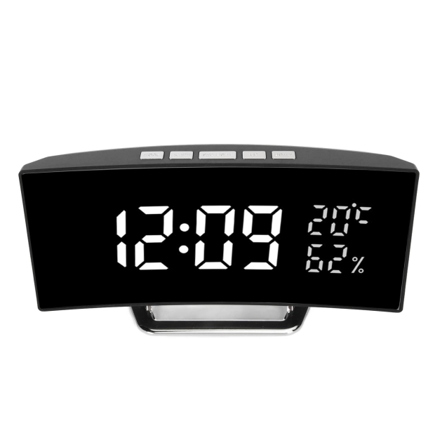 Böjd digital klocka LED-spegel bakgrundsbelysning 3 nivåer ljusstyrka Desktop klocka med temperatur luftfuktighet display vitt ljus