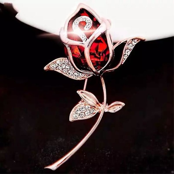 Krystalblad Rhinestone Rose Blomst Brosche - Elegant Rød Smykke til Jubilæum, Bryllup