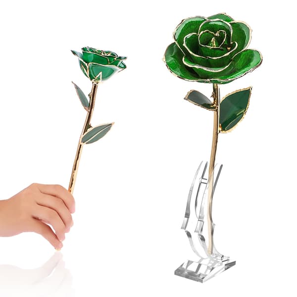Eviggrøn Rose 24K Ægte Kunstig Blomst med Blad og Base Håndværksdekorationer