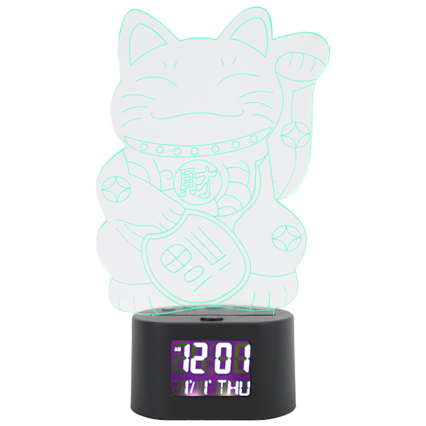 Akryl tecknad nattlampa Dubbel power Väckarklocka Perpetual Calendar Display RGB Cat 3D Night Light med svart bas