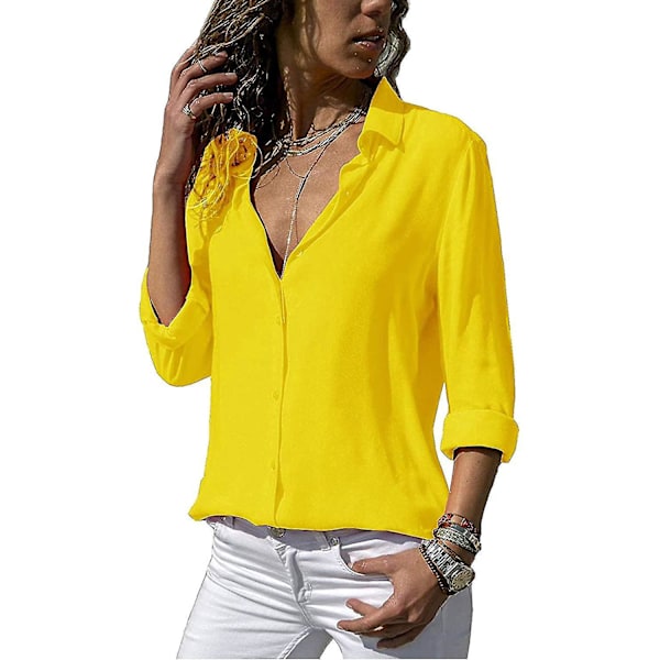 Gul V-hals Chiffon Bluse - Monokrom Langærmet XL Top til kvinder