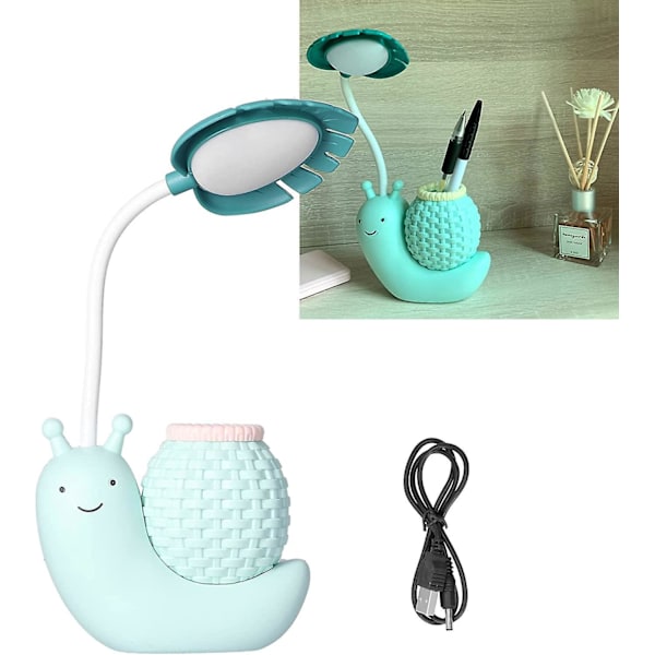 LED Skrivbordslampa med Pennhållare Tecknad Djur Snigel Multifunktionell Bordslampa USB Laddning Söt Svanhals Skrivbordslampa för Studenter Barn Ljus (Blå)
