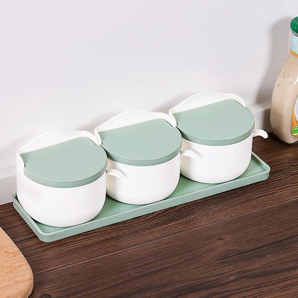 Plastkryddburksset med tre behållare, vändbar design, saltshaker och sockerskål