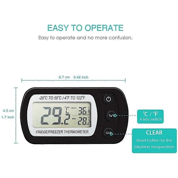 Digitalt Køleskabstermometer, Vandtæt Frysetermometer med Krog, Letlæseligt LCD-Display, Max