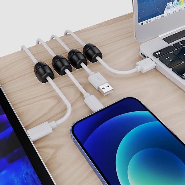Tønnesformet kabelholder, kabelstyringsklips, selvklebende silikon, skrivebords- og nattbord-USB-organisator, 16 stk (svart)