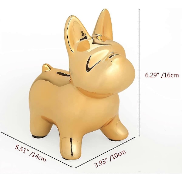 Keramisk Bulldog Spargris för Pojkar Flickor, Pengabox för Barn, Myntbank Minnessak med Plastpropp, Fransk Bulldog Sparburk, Barnrumsinredning (Guld)