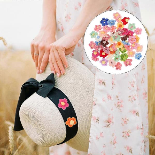 50 stk. hæklede blomsterlapper, blomstrede tøjtilbehør til DIY-håndværksblomsterdekorationer 4X4cm