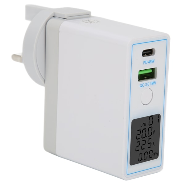 USB C vegglader PD QC 3.0 2-porters hurtigladerblokk AC100-240V med knappbryterdisplay bærbar lader US-plugg med UK-adapter