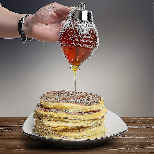 Honningdispenser uden dryp, glas - Ahornsirupdispenser, glas - Smuk honningkageformet honningkrukke - Honningglas med stativ, flot bi-dekoration, Zekai