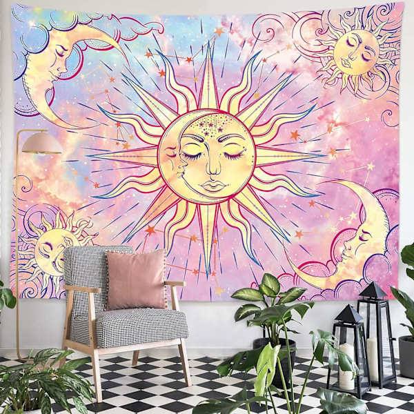 Pastellrosa Tapet Brinnande Sol Tapet Mystisk Tapet Himmelsk Sol & Måne & Stjärnor Tapet Psykedelisk Hippie Tie Dye Väggbonad Fest Heminredning
