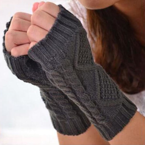 Knitted Fingerless Gloves for Women - Long Winter Arm Warmers Dark Gray Diamond