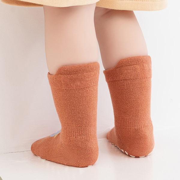 1 par barnsockor orange söt elefantmönster kammad bomull varma halkfria golvsockor för inomhus L (3 till 5 år gamla)