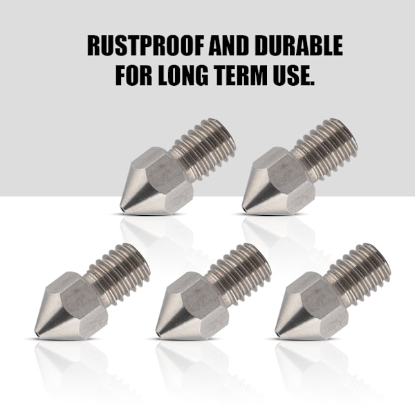 5 stk 3D-skriver M6 rustfritt stål ekstruderdyse skrivehode for 1,75 mm filament (1,75/0,4 mm)