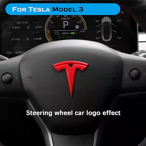 Tesla Model 3 -auton ohjauspyörän logo-tarrat (3 kpl, punainen)