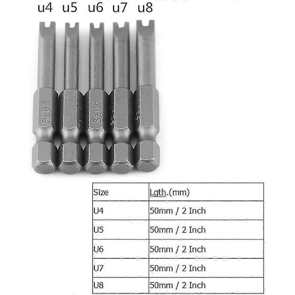 5 stk. 50mm S2 Legert Stål U-formet Skrutrekkerbits 1/4 \"U-formet Sekskantskaft Magnetisk Skrutrekker