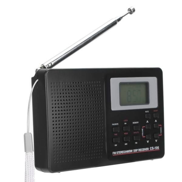 CS‑106 fullbåndsradio mini FM/AM/SW/MW-mottaker med digital klokkehodetelefon