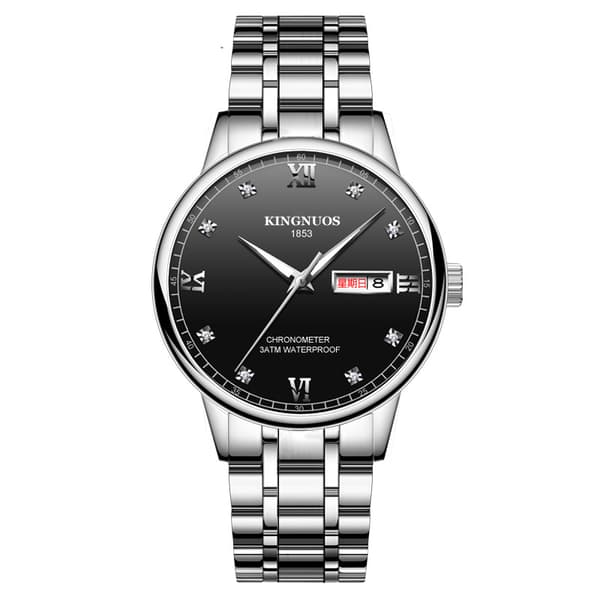 Trendy vandtæt lysende studenterur med nitter Sort dia Black dial Silver belt
