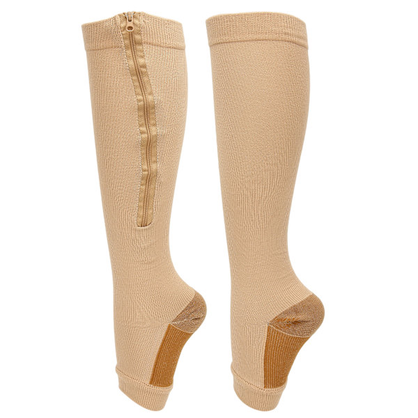 Dragkedja kompressionsstrumpor Mjuk nylon Tvättbar Återanvändbar öppen tå benformande strumpor för kvinnor Hudfärg Splicing L/XL
