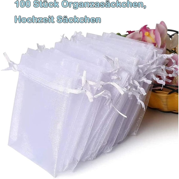 Parti med 100 hvide poser, 7 x 9 cm, organza gavepose, smykkepose, lavendelposer, bryllupsgave