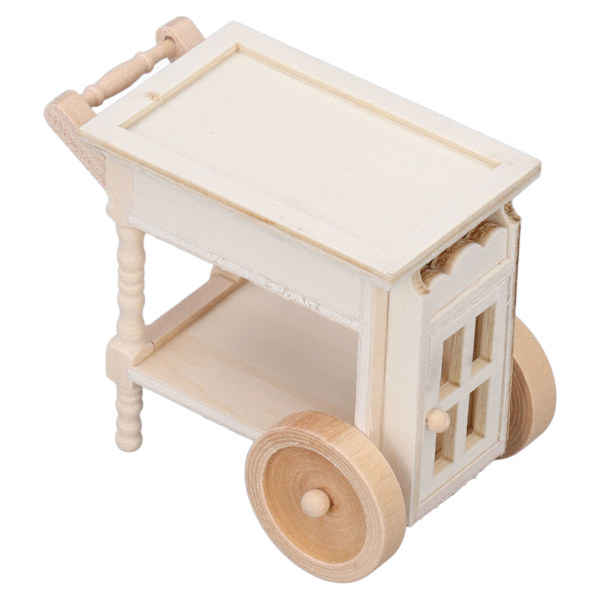 Mini spisevogn i træ, naturtro, umalet, retro-ornament, miniature madserveringsvogn til 1/12 dukkehus