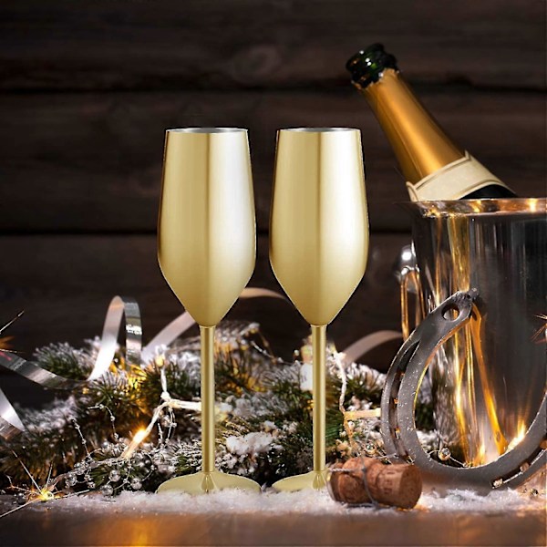 2 Set Rostfria Champagneglas, 200ml Guld