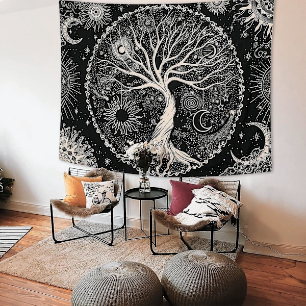 Elämänpuun seinävaate Kuu ja Musta Aurinko Psykedeelinen seinävaate Mandala Tähtitaivas Hippi-seinävaate makuuhuoneeseen (130x150cm)