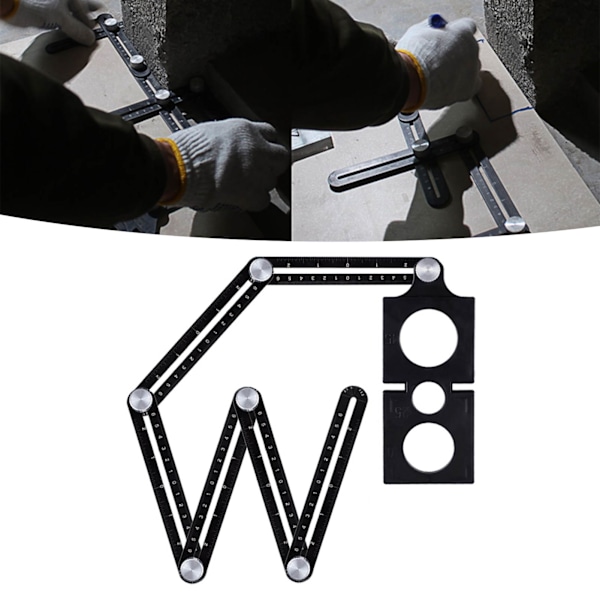 6-delt lineal af aluminiumlegering, bærbar, letvægts, sort, sammenklappelig, multivinklet målelineal
