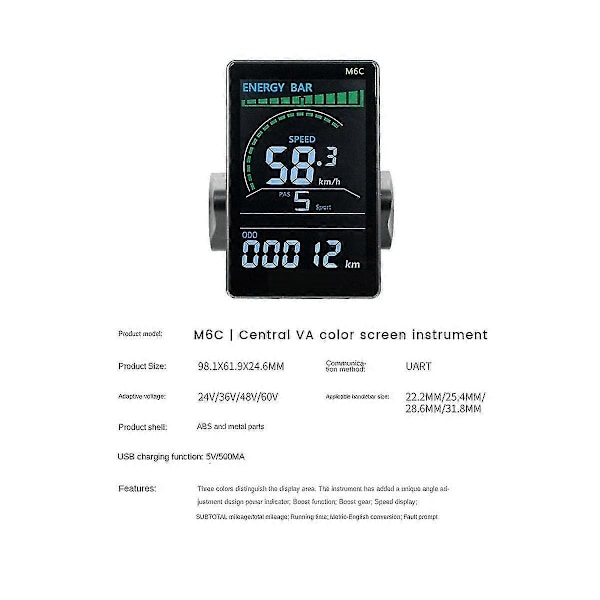 M6c Elektrisk Cykel LCD Display Mätare 24v 36v 48v 60v E Scooter LCD Panel Färgskärm Med USB kompatibel med M