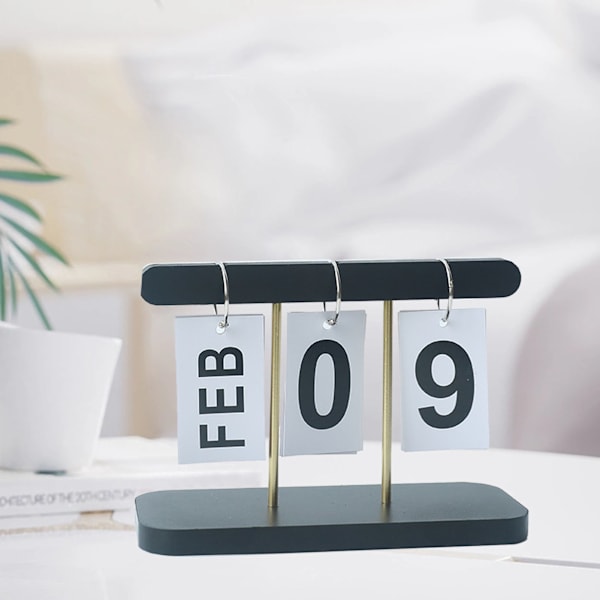 Evig flippkalender i tre, stående skrivebordskalender, utsøkt daglig flippkalender for hjem, bibliotek, kontor, svart
