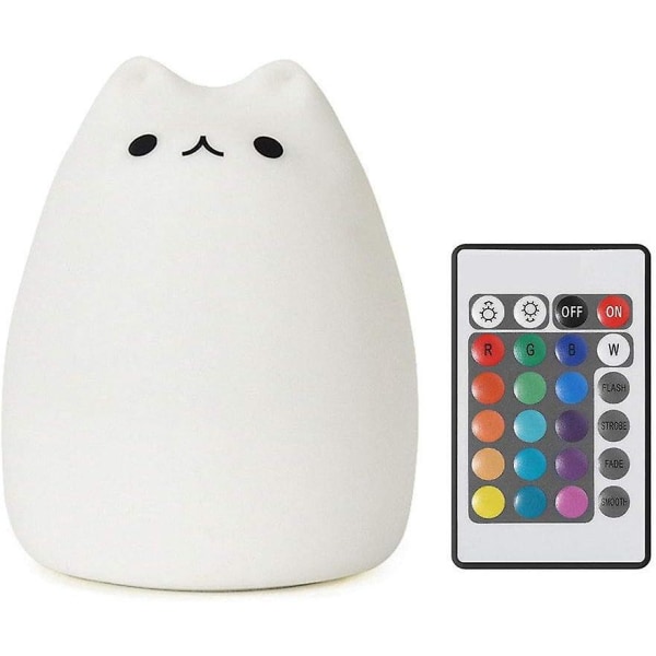 Uppladdningsbart silikon LED tecknat nattlampa för katt med fjärrkontroll, växlande flera färger, varmvit/7 färger, justerbar ljusstyrka för barn