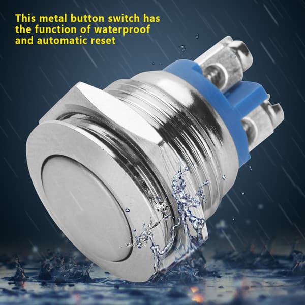 5 stk/sett 16mm 250V Vanntett 2-pins Mini Trykknappbryter i Metall (flatt hode)