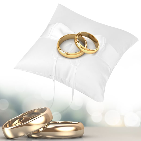 Vit Satin Bowknot Ring Bärare Kuddhållare Bröllopsring Kudde med Simulering Pärla 15*15cm