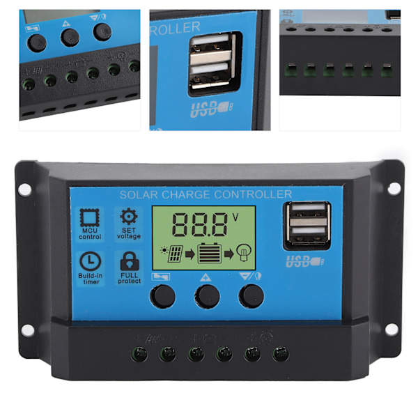 12V 24V Solcelle Ladnings- og Utladningsregulator PWM LCD-skjerm Dobbel USB-utgang Regulator for Hjem Industriell Bil 10A