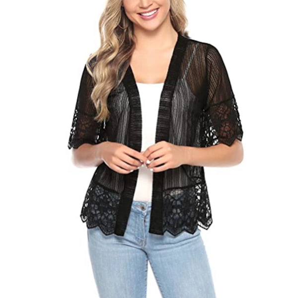 Lace Sheer Short Sleeve Open Front Bolero Shrug - Women's Summer Casual Cover Up L Black