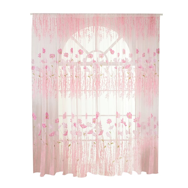 Polyester Floral Pattern Vindus Tulle Voile Gardin Soverom Stue Innredning (Rosa)