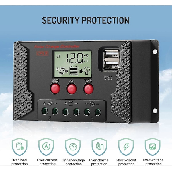 30A Laderegulator Solpanel Laderegulator Automatisk Identifikation 12V/24V med LCD-display og 5V USB-port