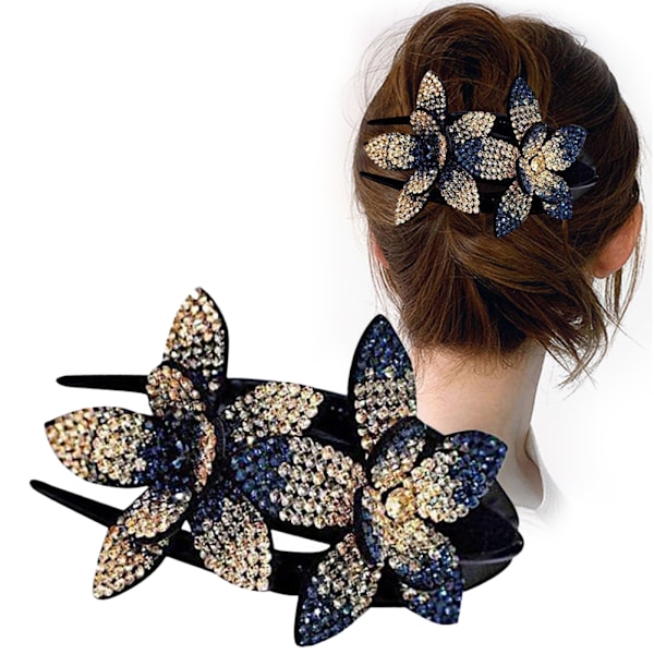 Rhinestone Duckbill Hair Claw Clip Sparkling Double Flower Hair Styling Barrettes for Women Girls Dark Blue Champagne S