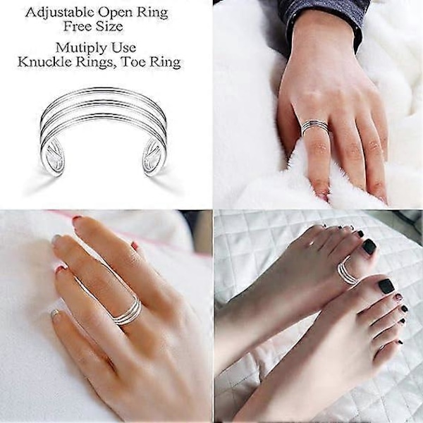 925 Sterling Sølv Horisontal Dobbel Trippel Linjer Åpne Ringer Minimalistisk Enkelt Bånd for Kvinner Justerbar Åpen Tåring Knokeringer