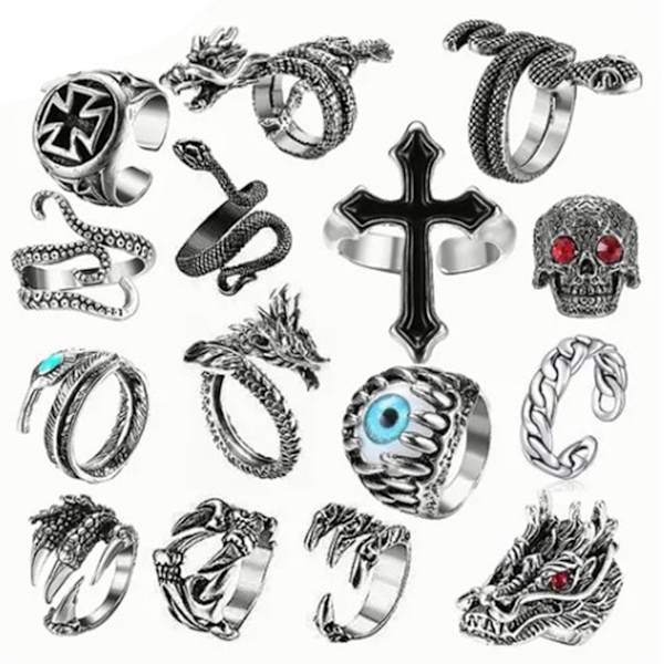 15 kpl sormussetti Vintage käärmeen kallon muotoinen säädettävä avautuva metalliseos korusormukset naisille miehille