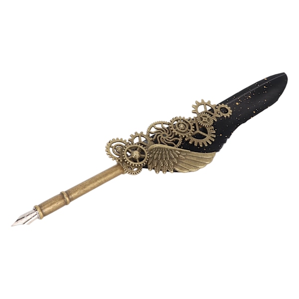 Quill Pen och Bläck Set Retro Punk Gear Style Smidigt skrivande Utsökt fjäderpenna och bläck set för Hemmaskolan Office Svart