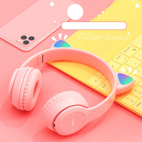 Trådløst hodesett Cute Cat Shape HiFi Lydkvalitet Lysende Stereo Bluetooth-hodetelefoner for hjemmeskolekontor Rosa