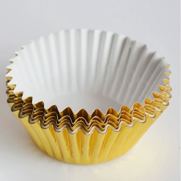 Sett med 100 aluminiumsfolie cupcake-former for muffins, cupcakes, kaker (gullfarget)