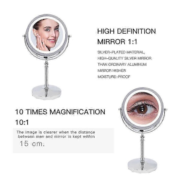 10X Forstørrelses Makeup Spejl Med Lys LED Kosmetiske Spejle Rund Form Bordplade Vanity Spejl Dobbeltsidet Baggrundsbelyste Spejle Sølv
